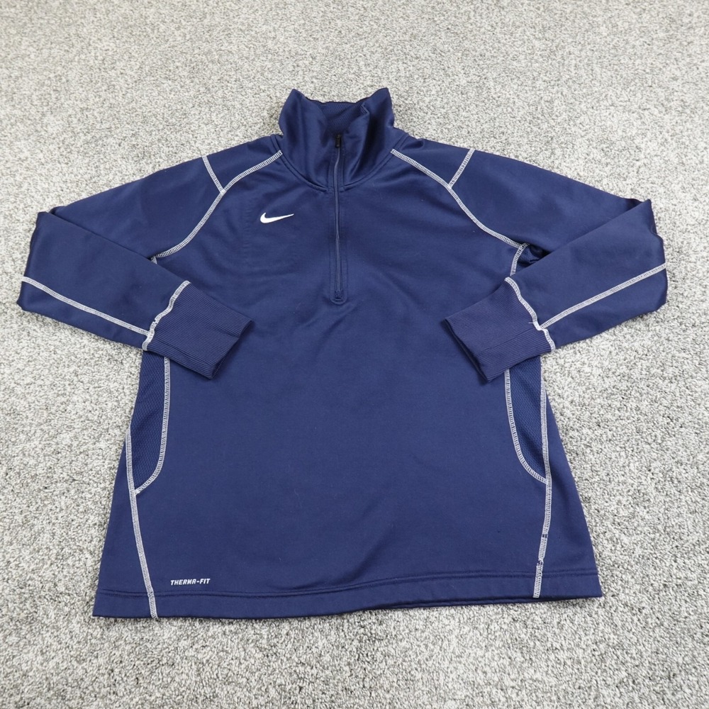 Nike Sweater Mens XL Blue Swoosh ThermaFit Pullover 1/4 Zip Mock Neck Sweatshirt